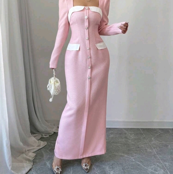 Women's Woven Contrast Color Tweed Square Neck Diamond Button Fitted Dress - Picture 5 of 6